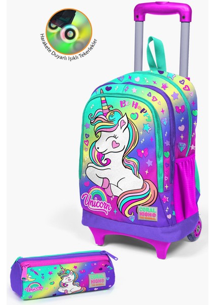 Kids Lavanta Su Yeşili Unicorn Desenli Çekçekli 2'li Çanta Seti SET0223929