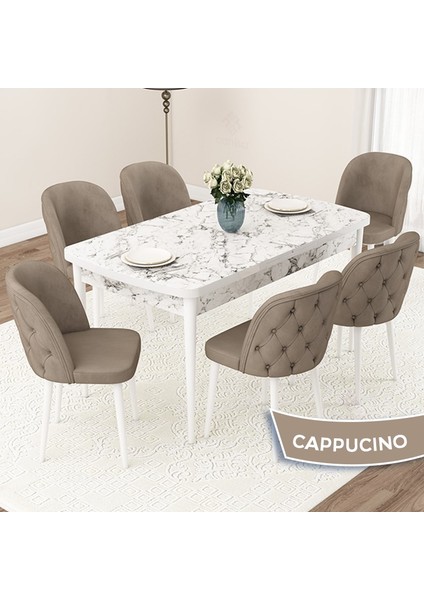 Concept Jae Serisi Açılabilir 80X132 Beyaz Mermer Desen Mutfak Masası Takımı ve 6 Sandalye