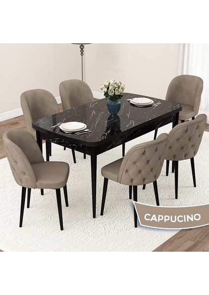 Concept Jae Serisi Açılabilir 80X132 Siyah Mermer Desen Mutfak Masası Takımı ve 6 Sandalye