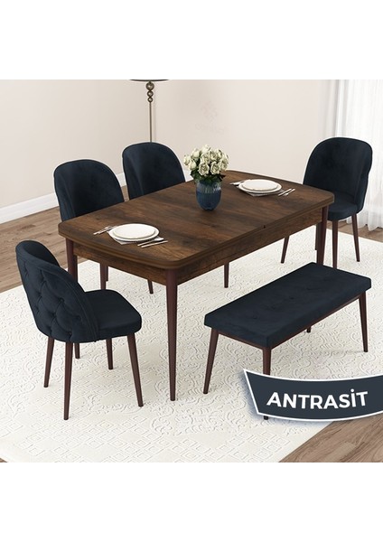 Concept Jae Serisi Açılabilir 80X132 Barok Ahşap Desen Mutfak Masası Takımı ve 4 Sandalye 1 Bench