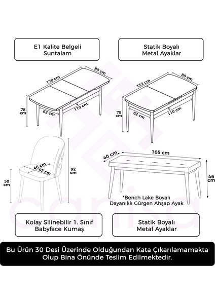 Concept Jae Serisi Açılabilir 80X132 Barok Ahşap Desen Mutfak Masası Takımı ve 4 Sandalye 1 Bench