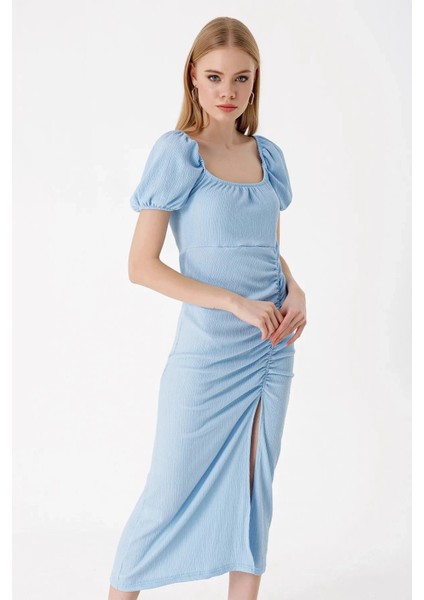Kadın Buz Mavi Yırtmaçlı Yazlık Örme Elbise HZL23S-BD123961