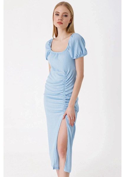 Kadın Buz Mavi Yırtmaçlı Yazlık Örme Elbise HZL23S-BD123961
