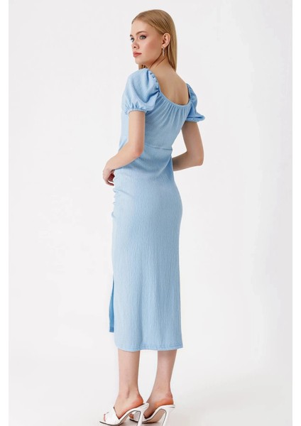 Kadın Buz Mavi Yırtmaçlı Yazlık Örme Elbise HZL23S-BD123961