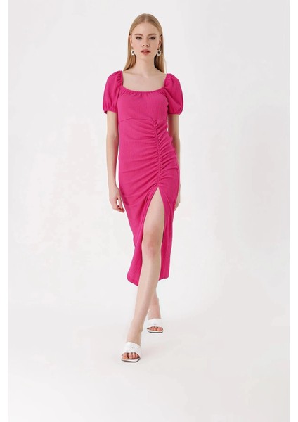 Kadın Fuşya Yırtmaçlı Yazlık Örme Elbise HZL23S-BD123961