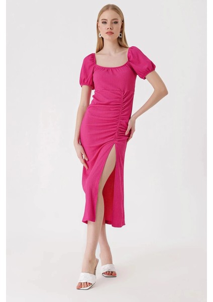 Kadın Fuşya Yırtmaçlı Yazlık Örme Elbise HZL23S-BD123961