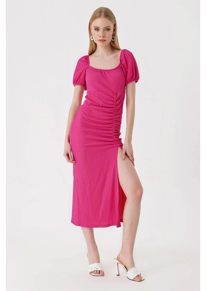Kadın Fuşya Yırtmaçlı Yazlık Örme Elbise HZL23S-BD123961