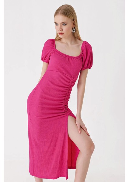 Kadın Fuşya Yırtmaçlı Yazlık Örme Elbise HZL23S-BD123961