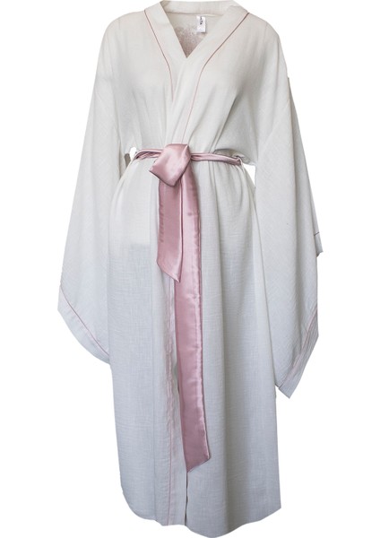 %100 Keten Karekol Pudra Biyeli Kimono