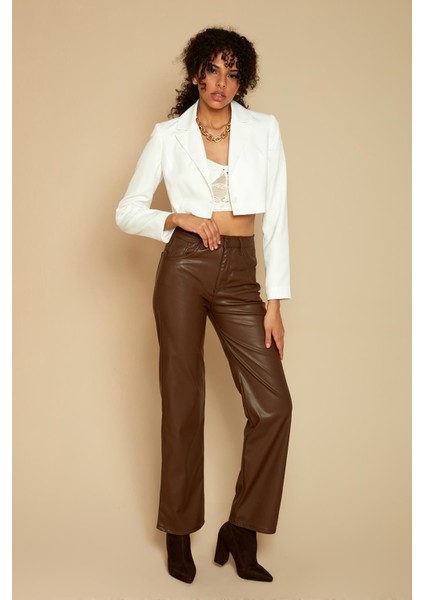 Kadın Tek Düğme Kapamalı Crop Blazer Ceket