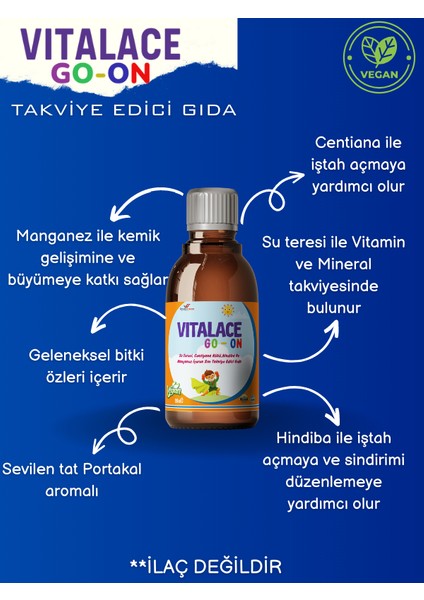 Vıtalace Go-On Suteresi, Hindiba, Centiyana Kökü, Manganez İçeren Takviye Edici Gıda (150 ml Şurup)