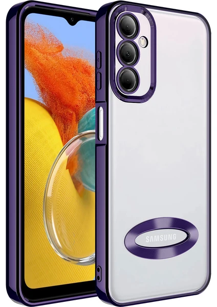 Case 4U Samsung Galaxy M14 Kılıf Kamera Lens Korumalı Şeffaf Renkli Logo Gösteren Parlak Omega Kapak Derin Mor