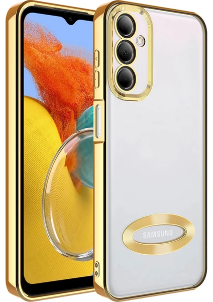 Case 4U Samsung Galaxy M14 Kılıf Kamera Lens Korumalı Şeffaf Renkli Logo Gösteren Parlak Omega Kapak Altın