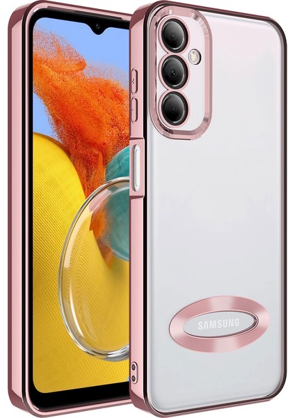 Samsung Galaxy M14 Kılıf Kamera Lens Korumalı Şeffaf Renkli Logo Gösteren Parlak Omega Kapak Rose Gold