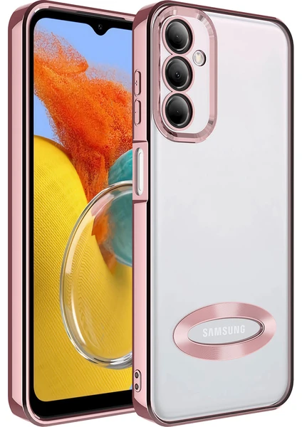 Case 4U Samsung Galaxy M14 Kılıf Kamera Lens Korumalı Şeffaf Renkli Logo Gösteren Parlak Omega Kapak Rose Gold