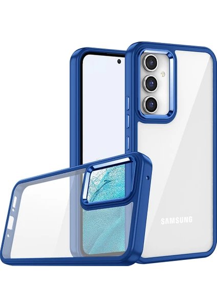 Case 4U Samsung Galaxy A24 Kılıf Kamera Çıkıntılı Arkası Kristal Şeffaf Hassas Tuşlu Renkli Kenarlı Flora Kapak Lacivert