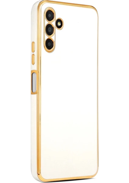 Case 4U Samsung Galaxy M14 Uyumlu Kılıf Kamera Korumalı Parlak Gold Kenarlı Yumuşak Silikon Kapak Bark Beyaz