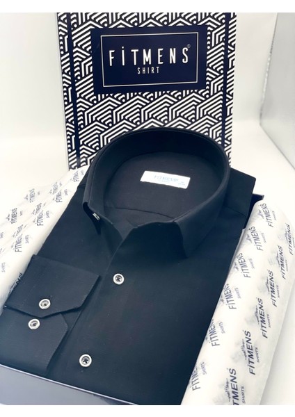 Klasik Uzun Kol Linen Keten Erkek Cepsiz Gömlek - Siyah