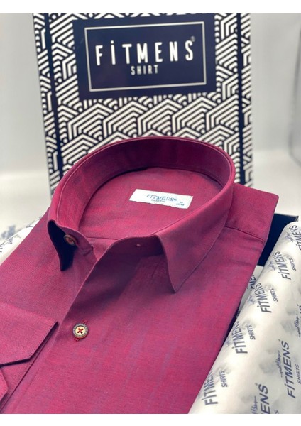 Klasik Uzun Kol Cepsiz Keten Erkek Gömlek - Bordo fiyatları