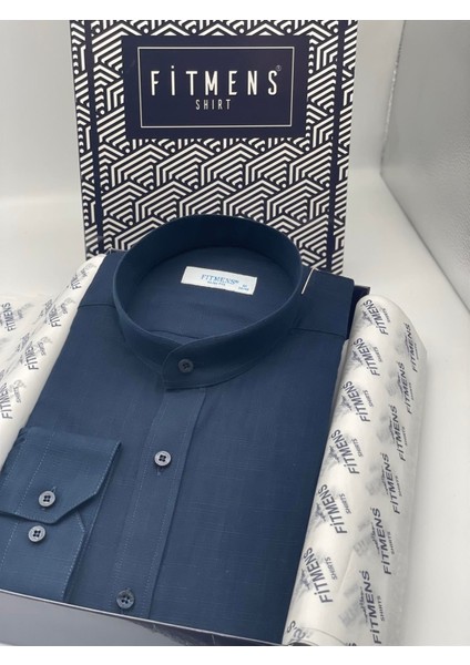Hakim Yaka Slim Fit Keten Erkek Gömlek - Lacivert