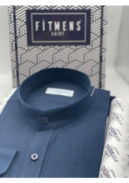 Hakim Yaka Slim Fit Keten Erkek Gömlek - Lacivert fiyatları