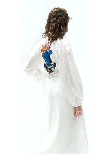 %100 Keten Beyaz Balon Kol Kimono
