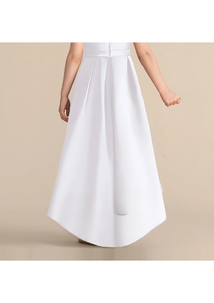 Kız Çocuk Beyaz Asimetrik Etek Detaylı Sade Şık Saten Mezuniyet Doğum Günü Parti Elbise fiyatları