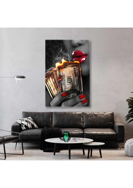 Çizgili Gölgelerin Arkasında Kırmızı Rujlu Kadın İlüstrasyon Dikey Kanvas Tablo