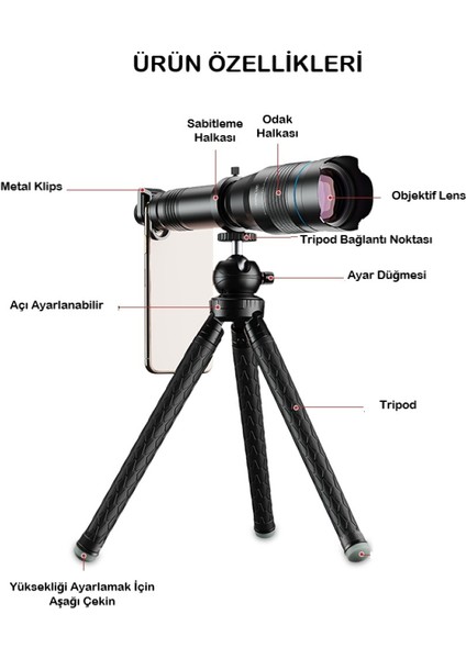 Duhalıne Profesyonel 60X Ultra Hd Zoom Optik Lens Teleskop Monoküler Teleskop Dürbün Tripod +Telefon Klipsi