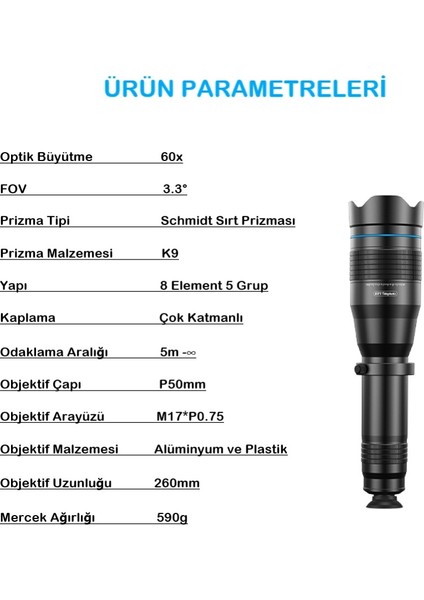 Duhalıne Profesyonel 60X Ultra Hd Zoom Optik Lens Teleskop Monoküler Teleskop Dürbün Tripod +Telefon Klipsi