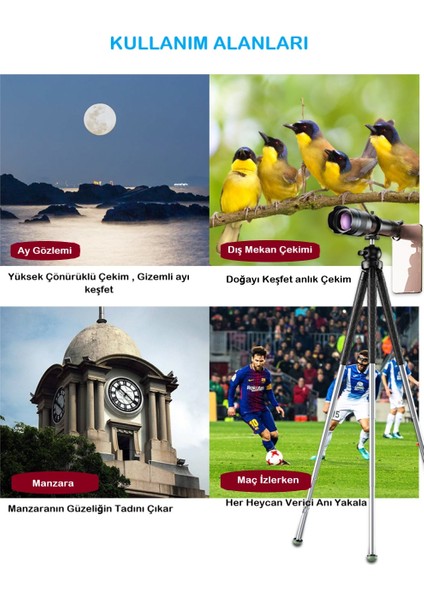 Duhalıne Profesyonel 60X Ultra Hd Zoom Optik Lens Teleskop Monoküler Teleskop Dürbün Tripod +Telefon Klipsi