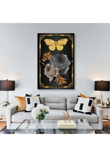 Altın Çerçeve Içerisinde Kelebek Gri ve Bej Güller Dekoratif Kanvas Tablo