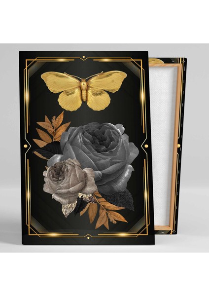 Altın Çerçeve Içerisinde Kelebek Gri ve Bej Güller Dekoratif Kanvas Tablo fiyatları