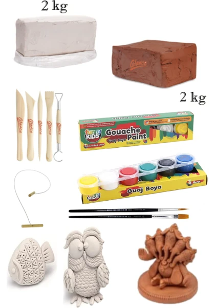 Doğal Kırmızı Kil Seramik Çamuru 2 kg Vakumlu Seramik Çamuru Beyaz 2  Guaj Boya 6'lı Set 15 cc Set