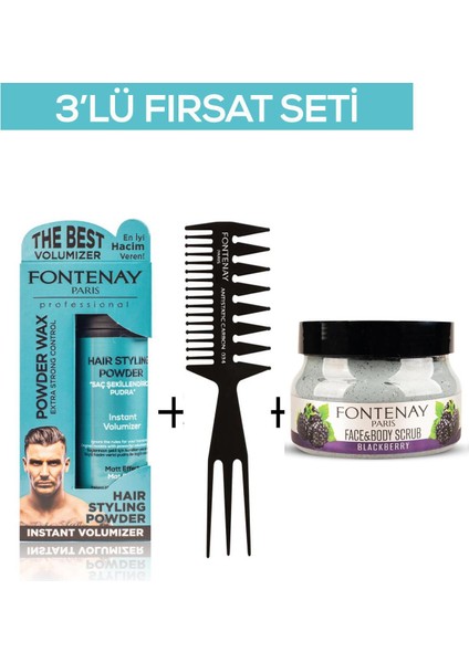 Pudra Toz Wax Mavi 20 gr + Şekil Tarağı 034 + Face And Body Scrub Böğürtlen 350 ml 3'lü Set