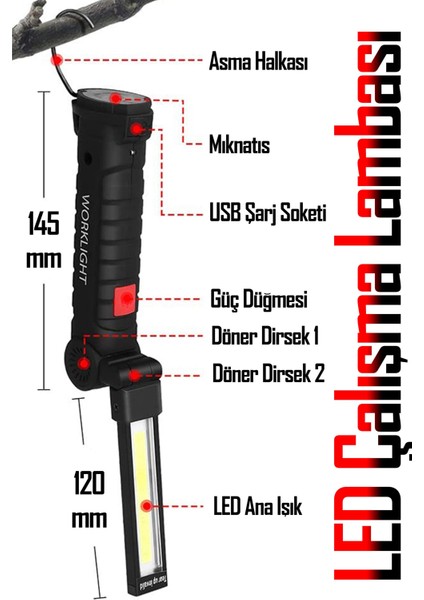 El Feneri 5 Modlu 360° LED Çalışma Işığı Iş Lambası Darbeye Dayanıklı Mıknatıslı Kaportacı Feneri 3W