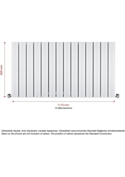 600 x 1115 mm Amber Yatay Beyaz Alüminyum Radyatör Standart Bağlantı