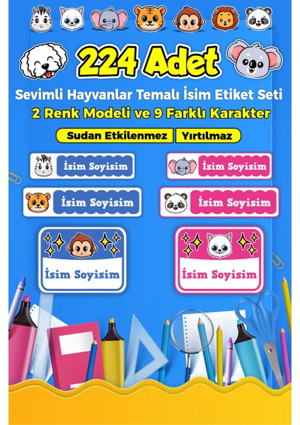 Okul Kreş İsim Etiketi Kalem Defter Özel İsim Yazılabilen Etiket Seti - 224 Adet