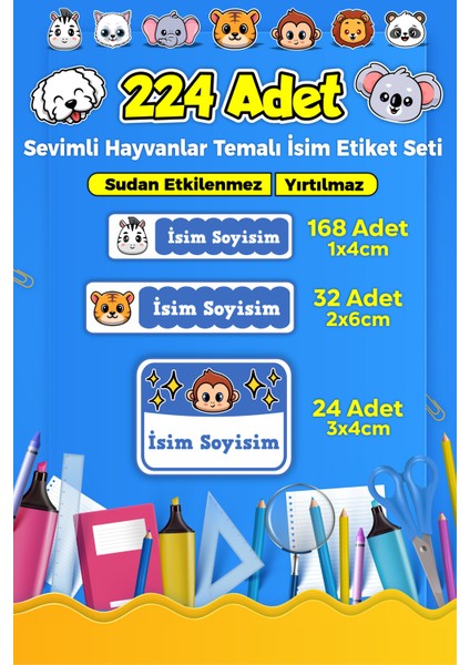 Okul Kreş İsim Etiketi Kalem Defter Özel İsim Yazılabilen Etiket Seti - 224 Adet