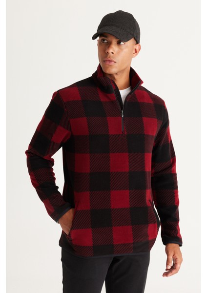 Erkek Bordo-siyah Standart Fit Normal Kesim Dik Bato Yaka Polar Sweatshirt