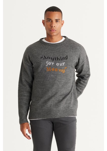 Erkek Gri Melanj Oversize Bol Kesim Bisiklet Yaka Desenli Şardonlu Yumuşak Dokulu Triko Kazak