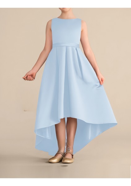 Kız Çocuk Bebe Mavisi Renk Asimetrik Etek Detaylı Sade Şık Saten Balo Doğum Günü Parti Elbise