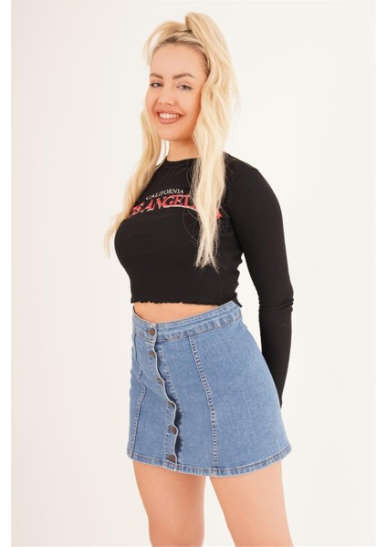 23254241 Kaşkorse Los Angeles Baskılı Crop Bluz Sıyah modelleri