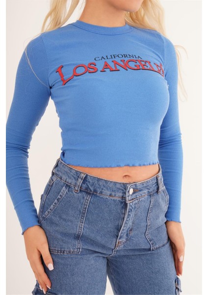 23254241 Kaşkorse Los Angeles Baskılı Crop Bluz Mavı