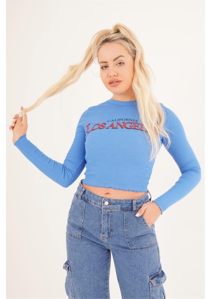 23254241 Kaşkorse Los Angeles Baskılı Crop Bluz Mavı fiyatları