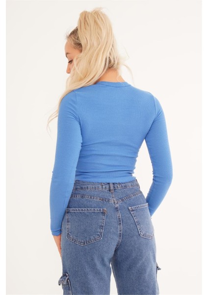 23254241 Kaşkorse Los Angeles Baskılı Crop Bluz Mavı fırsatları