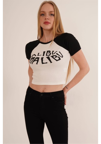 23254271 Kaşkorse Malibu Baskılı Kısa Kol Crop Bluz Sıyah fiyatları