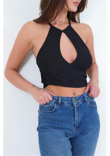 23254137 Kaşkorse Askılı Kruvaze Kolsuz Bluz Sıyah