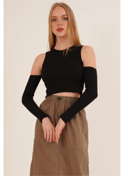 23254280 Kaşkorse Omuzları Açık Uz.kol Bluz Sıyah
