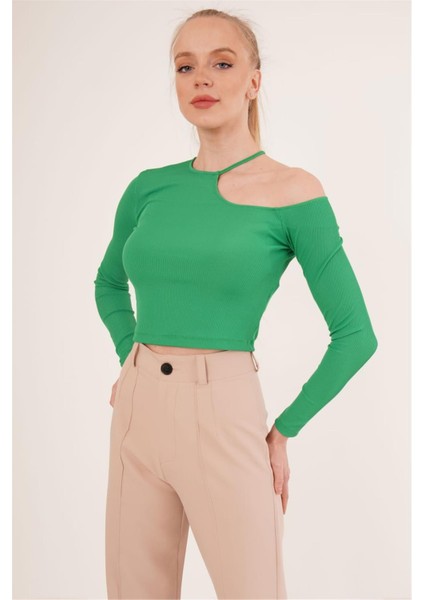 23254279 Kaşkorse Tek Omuz Yaka Ipli Crop Bluz Yesıl